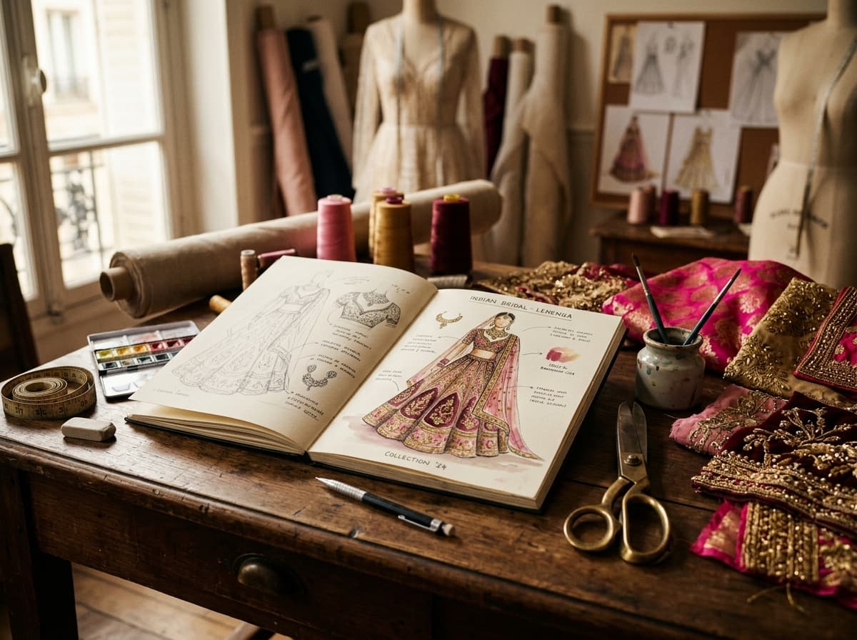 Fashion designer sketching bridal and office wear lehengas in Siliguri atelier