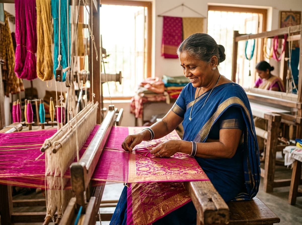 Artisan woman weaving pure silk on traditional Bengal loom
