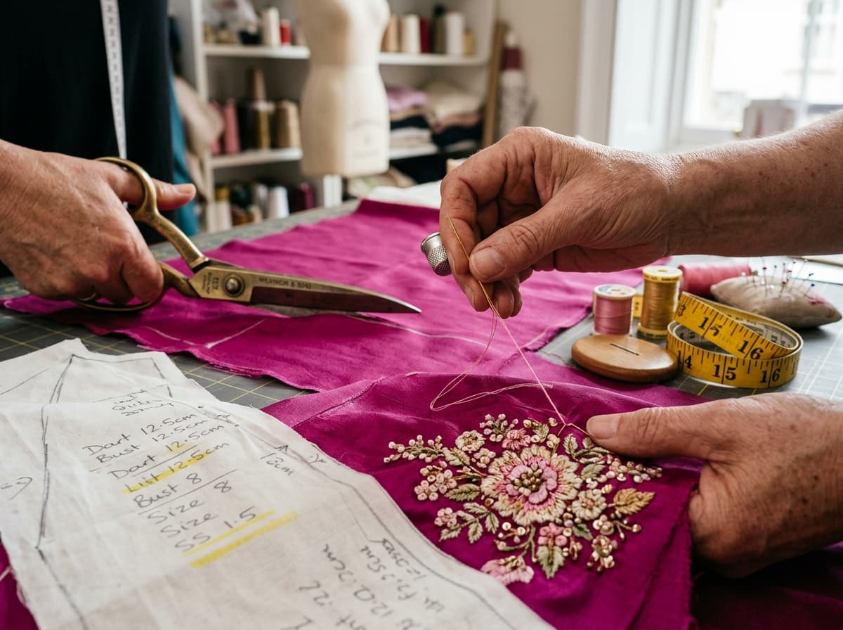 Artisan hands cutting silk and stitching intricate zardozi embroidery