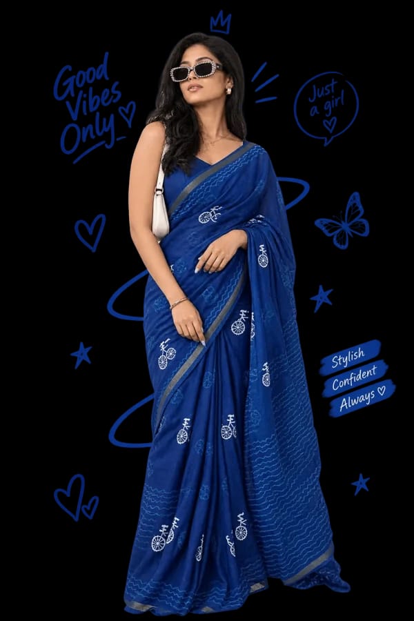 Cobalt Wave & Cycle Printed Cotton Saree