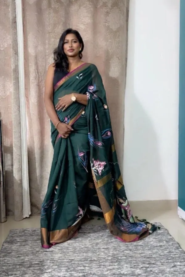 Emerald Bloom Hand-Painted Cotton Saree