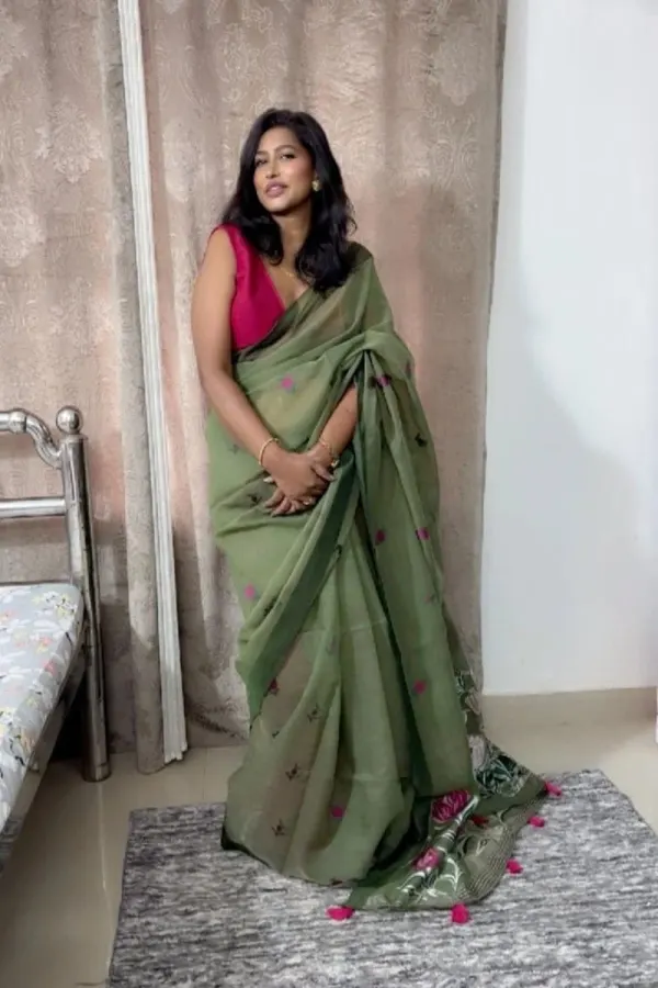 Verdant Bloom Hand-Painted Cotton Saree