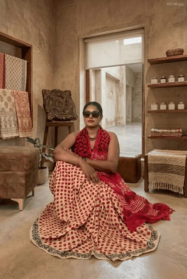 Lightweight Handblock Printed Silk Saree in Classic Cream and Crimson Polka Dots