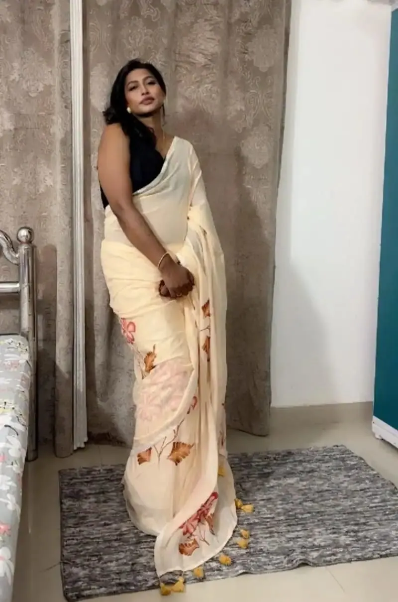 Ivory Blossom Hand-Painted Cotton Saree