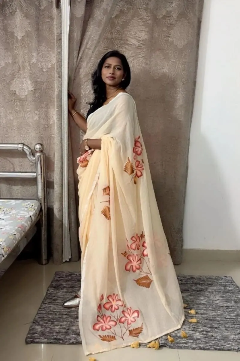 Ivory Blossom Hand-Painted Cotton Saree photo 2