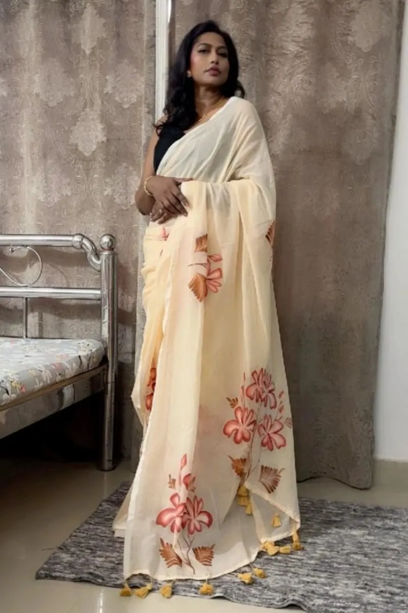 Ivory Blossom Hand-Painted Cotton Saree photo 3