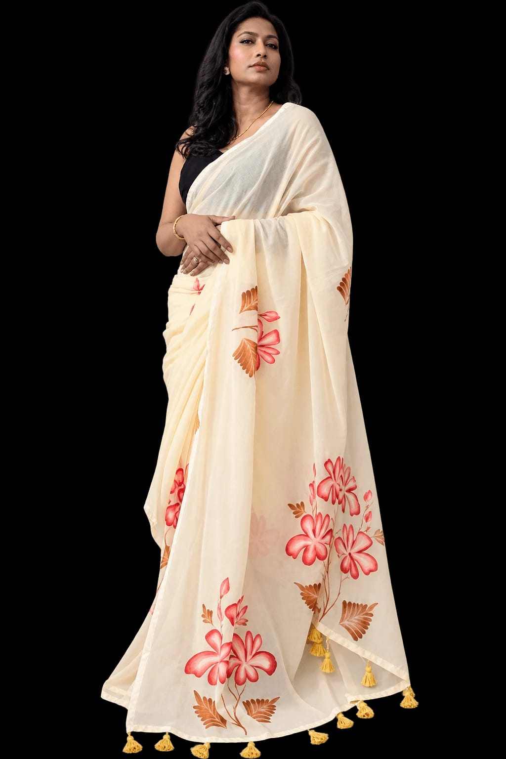 Ivory Blossom Hand-Painted Cotton Saree photo 4