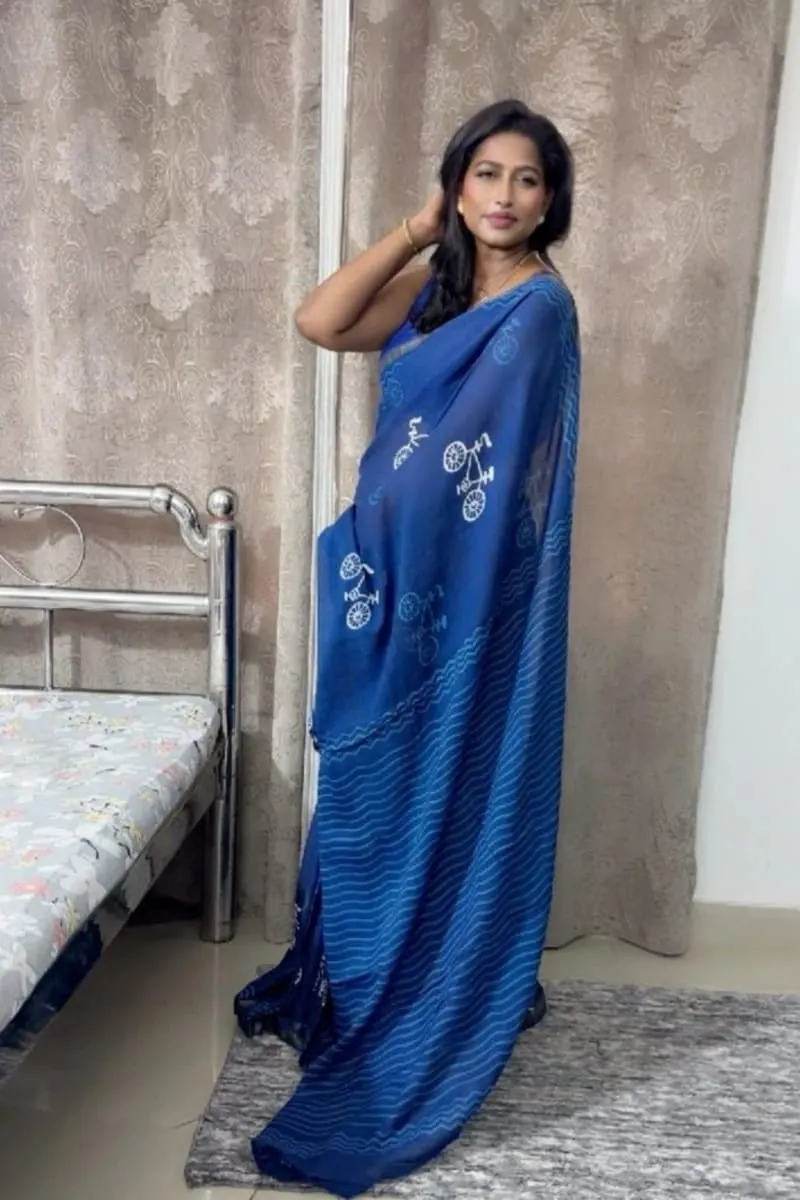 Cobalt Wave & Cycle Printed Cotton Saree photo 2