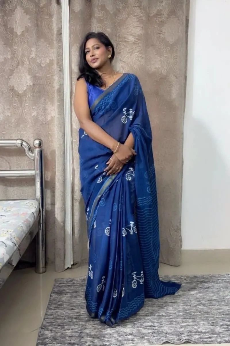Cobalt Wave & Cycle Printed Cotton Saree photo 3