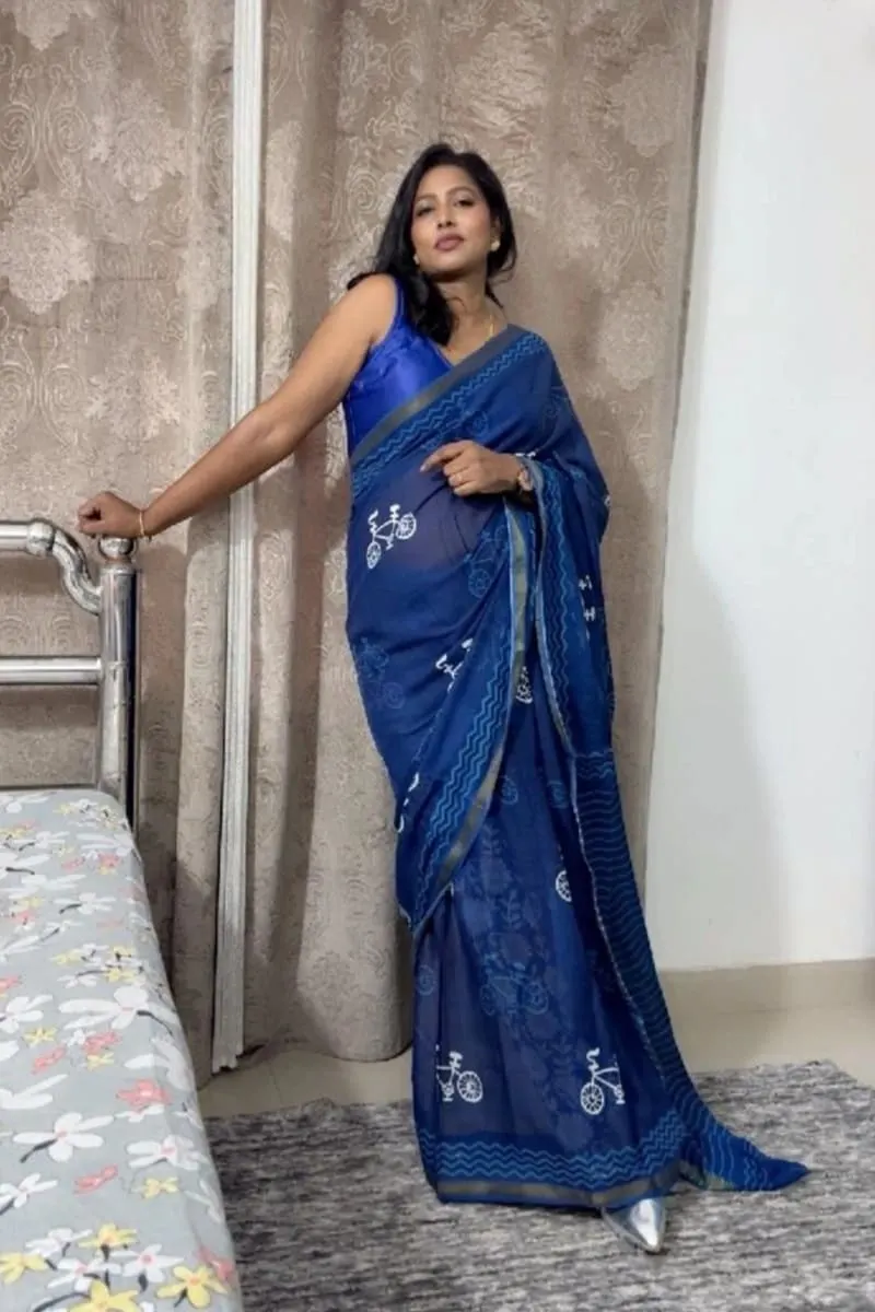 Cobalt Wave & Cycle Printed Cotton Saree photo 4