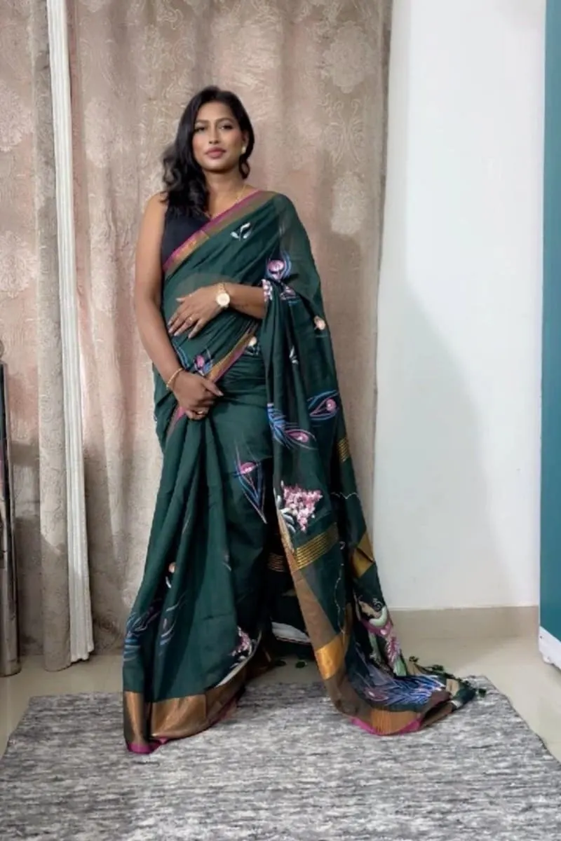 Emerald Bloom Hand-Painted Cotton Saree