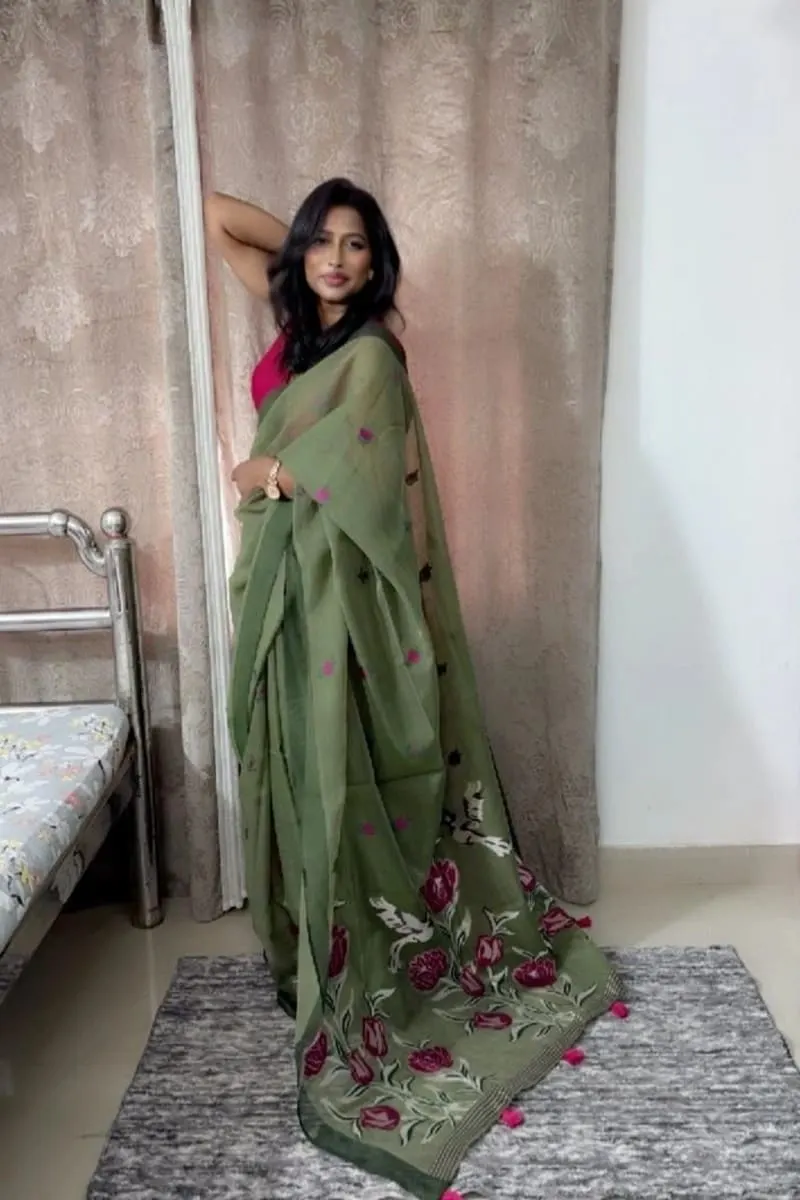 Verdant Bloom Hand-Painted Cotton Saree photo 2
