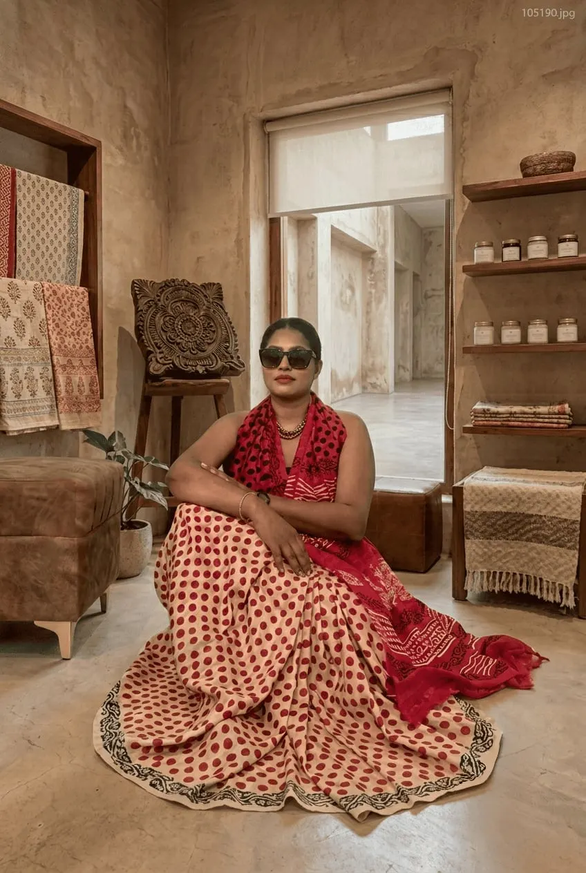 Lightweight Handblock Printed Silk Saree in Classic Cream and Crimson Polka Dots